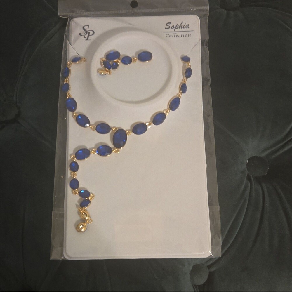 Sophia Collection Signed Blue Oval Crystal Necklace & Earrings Jewelry Set